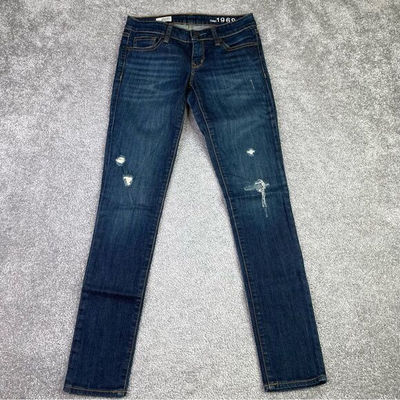 Gap 1969 Jeans Women's 24 Blue Skinny Low Rise Dark Denim Distressed - Picture 1 of 13
